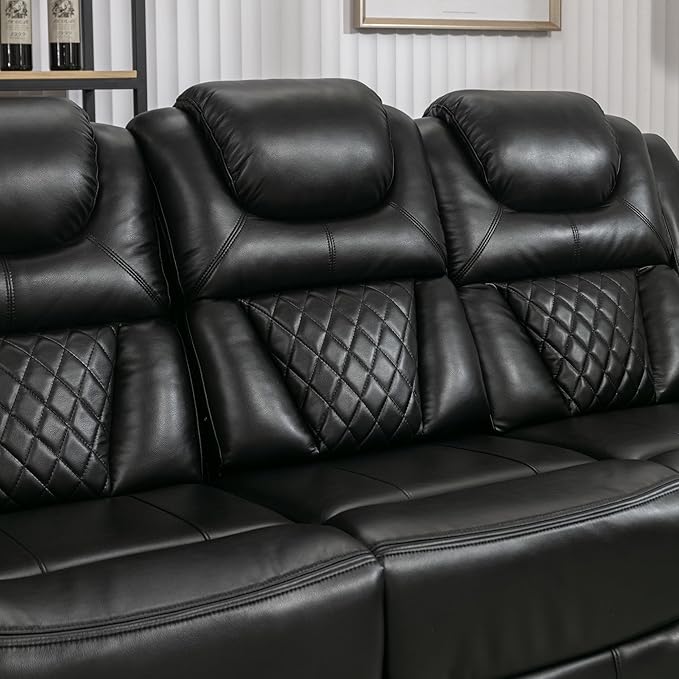 ERYE 83-Inch Oversized Manual Reclining Sofa with LED Strip and Cupholders for Living Room Home Theater, Multifunctional Faux Leather 3 Seaters Manual Recliner Couches | Charging Station, Cup Holder, LED Light Strips