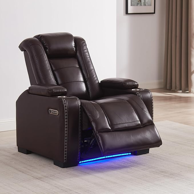 THSUPER Brown Leather Power Theater Recliner Chair with Arm Storage and LED Lights, Reclining with Power Headrest and Cup Holders for Living Room Furniture. Brown Chair