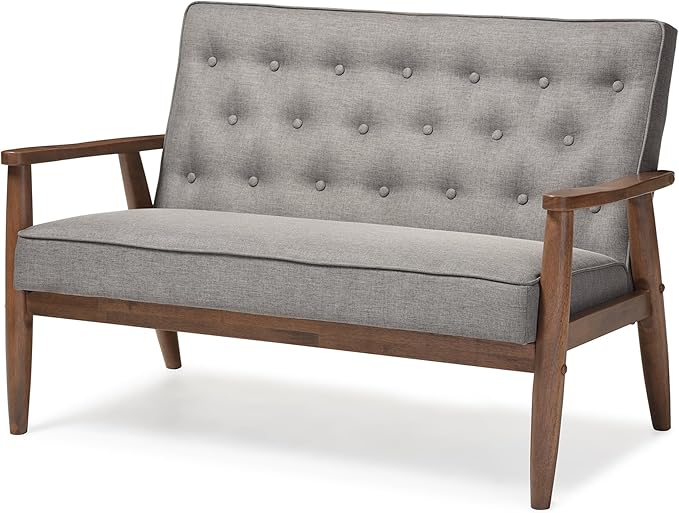 Baxton Studio Sorrento Mid-Century Retro Modern Grey Fabric Upholstered Wooden 2-Seater Loveseat
