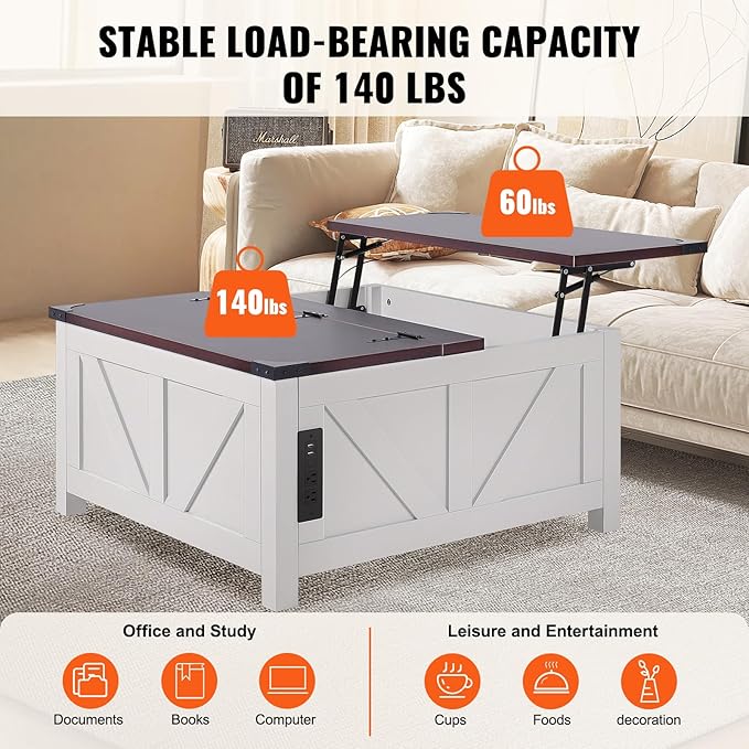 VEVOR 36" Farmhouse Coffee Table, Hinged Lift Top Square Coffee Table with Built-in Power Strip, Wooden Rustic Cocktail Table for Living Room, Bedroom, Apartment, Studio, Brown & White