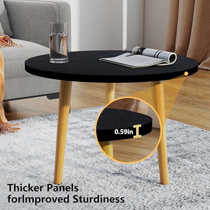 Round Coffee Table Low Table with 3 Solid Wood Sturdy Legs, Floor Table Desk for Sitting on The Floor, Storage and Living Room Furniture (Black)