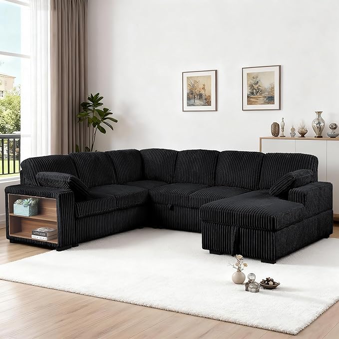 ERYE Oversized U-Shaped Pull Out Sleeper Couch Bed, Modern U Shaped Sleeper Sectional Sofa Corduroy Corner Convertible Sofa Bed with Storage Chaise Lounge and Cabinet