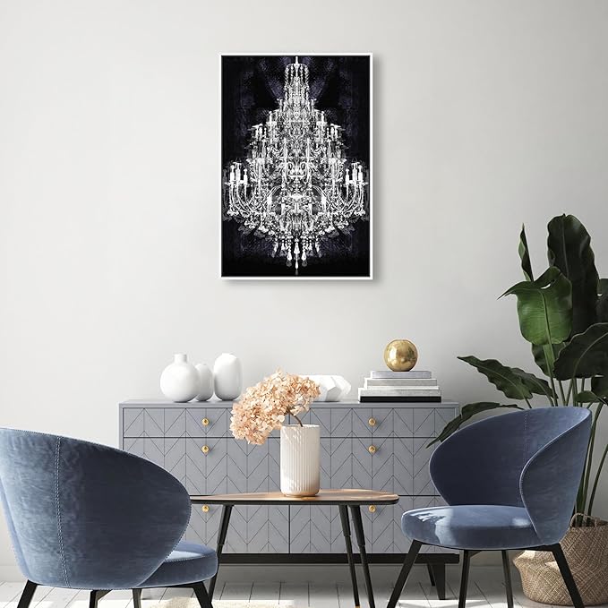 The Oliver Gal Artist Co. Fashion and Glam Framed Wall Art Canvas Prints 'Montecarlo Crystal' Chandeliers Home Décor, 20" x 30", White, Black