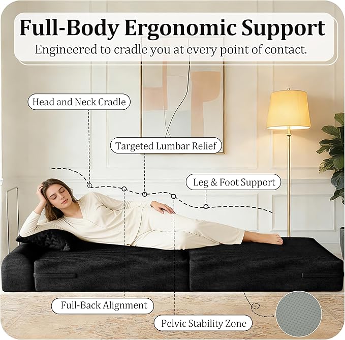 31.5'' Convertible Compressed Corduroy Folding Cloud Sofa Bed, Modern Boneless Pull Out Sleeper Sofa Couch in a Box, 3 in 1 Portable Lazy Floor Lounge Chair, No Assembly Needed, Black, Pillow, Single