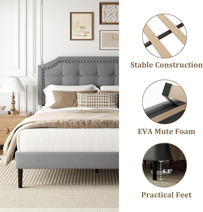 Queen Size Bed Frame, Queen Size Platform Bed Frame with Upholstered Button Tufted Headboard, Strong Wood Slats, No Box Spring Needed, Mattress Foundation, Easy Assembly Grey