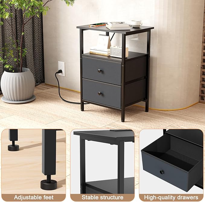 Nightstand with Charging Station, Bedside End Table with 2 Fabric Drawers for Bedroom, Side Table with USB Ports and Outlets (Black)