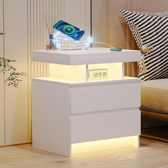 dnbss Nightstand with Charging Station and LED Light, Modern Night Stand with 2 Drawers, Smart Nightstand with USB Ports and Wireless Charger, Bedside Table for Bedroom, White