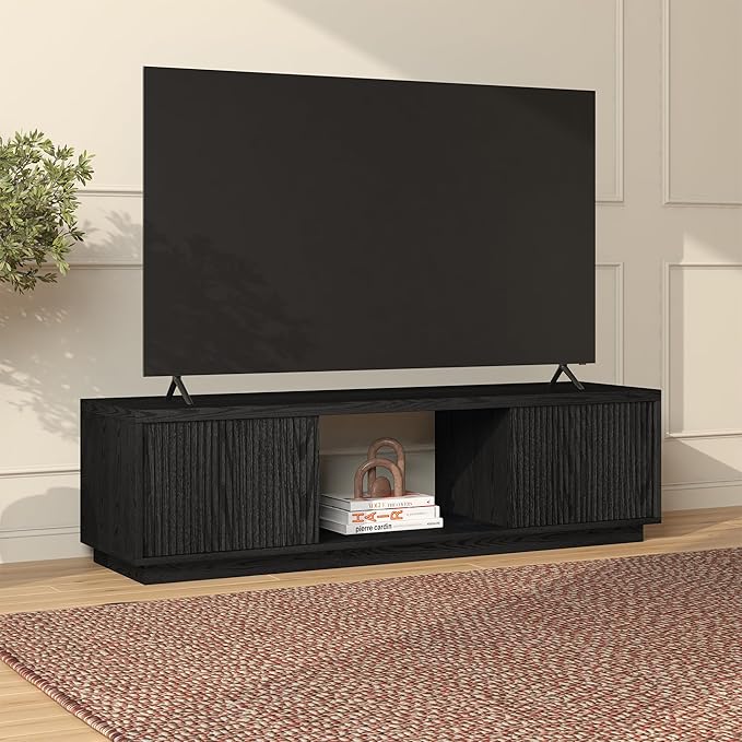 Henn&Hart Fluted TV Stand for TVs up to 65" with 2 Side Storage Cabinets and Open Center Storage for Living Room, Family Room, or Office, Natural Black