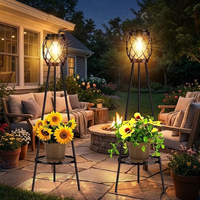 MXwcy 2 Pack Solar Lights Outdoor with LED Edison Bulbs, Vintage Style Solar Floor Lamp with Plant Stands, Weatherproof Garden Lights for Pathway, Patio, Yard, Porch Decor 8-10 Hours Lighting