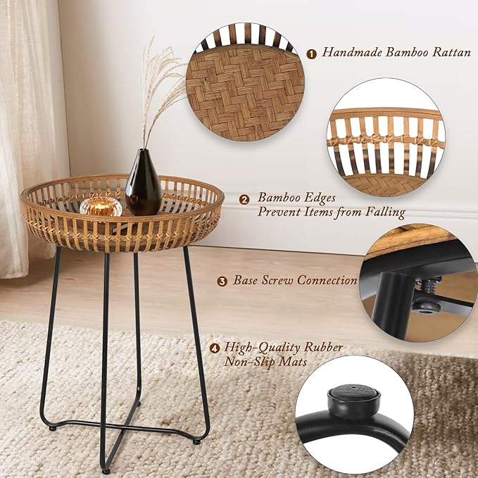 Oakrain Small Side Table, Boho Coffee Table, Bamboo&Rattan, DrinkTable with Boho Style, for Balcony, Living Room, Bedroom (20.47inch, 1PCS)