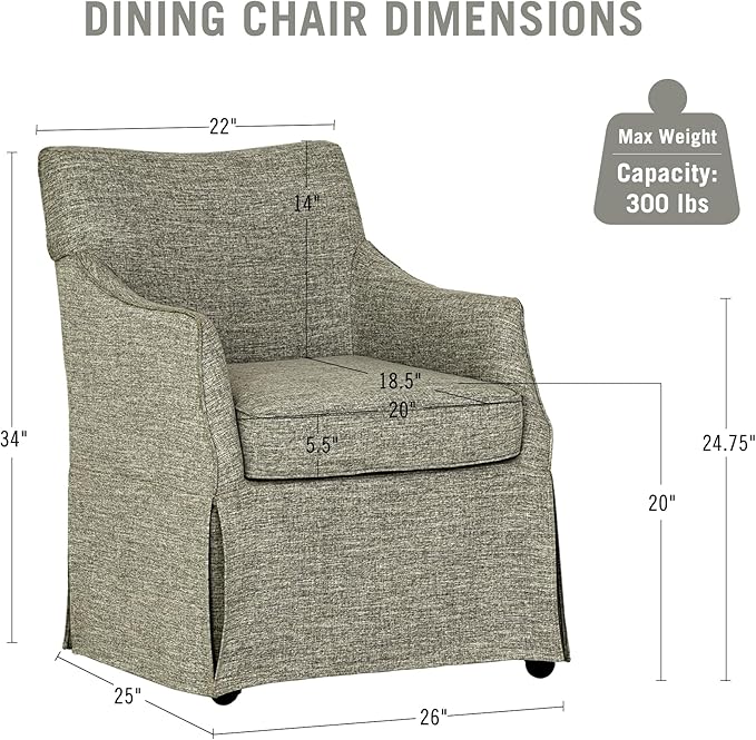 Martha Stewart London Dining Chair - Solid Wood & Plywood, Skirted Metal Base Accent Armchair, Lumbar Pillow -Modern Classic Family Dining Room Furniture 25" W x 26" D x 34" H, Grey
