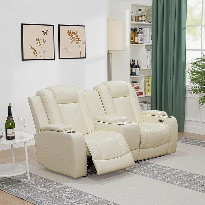 Power Recliner Sectional Sofa with LED, Breathing Leather Reclining Sectional Couch, L Shaped Couch with Dual Recliners, USB Port, Cup Holder&Storage (Cream White Pro, Sectional+Loveseat(8 Seats))