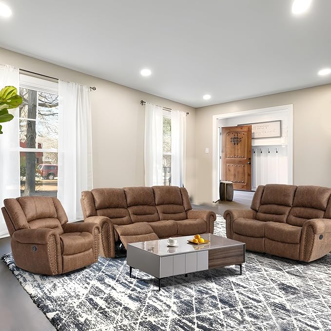 EBELLO Recliner Sofa Furniture Set for Living Room, Faux Leather Recliner Chair, Manual Loveseat, 3 Seat Recliniing Sofa Couch Set for Meeting Room, Brown