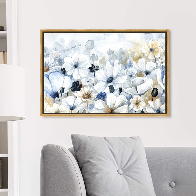The Oliver Gal Artist Co. Floral and Botanical Wall Art Framed Canvas Prints 'Fields Flowers Home Décor, 30" x 20", Blue, White