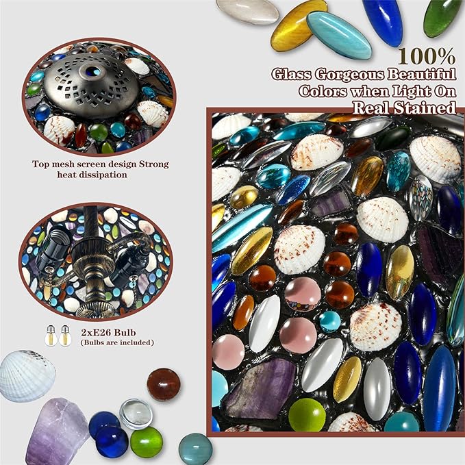 Tiffany Table Lamp,Stained Glass Lamp with Natural Shell,12" Vintage 2-Light Handmade Tiffany Style Lamp,Tiffany Bedside Light for Bedroom Living Room Office(2 LED Bulbs Included)