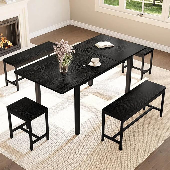 GarveeHome 5 PCs Dining Table Set for 6-8 People, 63 in Extendable Kitchen Table Set with 2 Benches and 2 Square Stools, Modern Dining Room Furniture Sets, Easy Assembly, Black