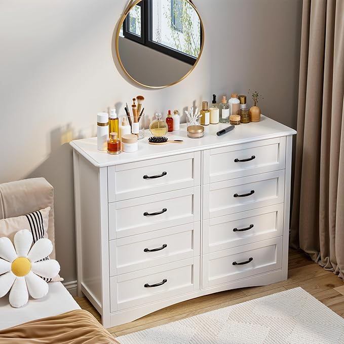 Gizoon 8 Drawer Dresser for Bedroom，Larger Chest of Drawers with Mental Handle for Kids Room, White Dresser with 8 Storage Drawers for Living Room, Entryway and Hallway, White