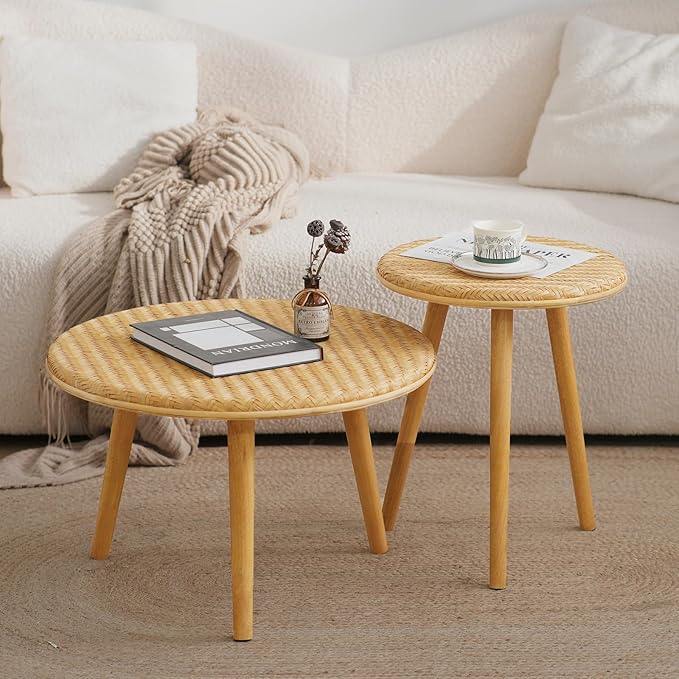 Side Table Set of 2, Coffee Table for Living Room, Farmhouse Circle End Table, Boho Round Coffee Table Natural Finish with Handcrafted Bamboo-Woven Tabletop, Unique Coffee Table