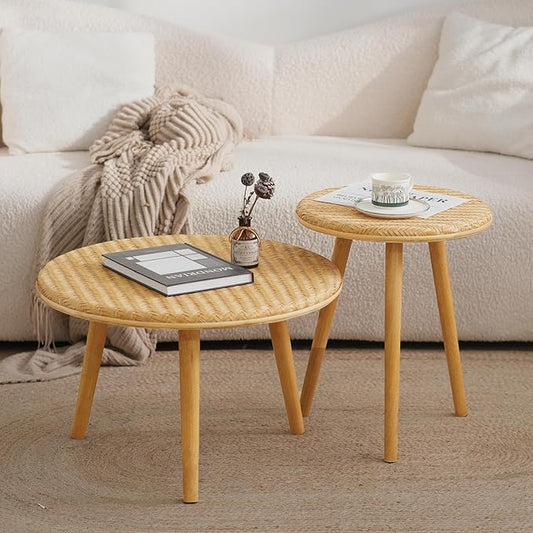 Side Table Set of 2, Coffee Table for Living Room, Farmhouse Circle End Table, Boho Round Coffee Table Natural Finish with Handcrafted Bamboo-Woven Tabletop, Unique Coffee Table