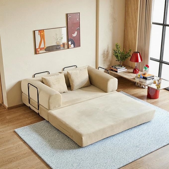 59in Convertible Sofa Bed, Corduroy Boneless Couch Bed, Futon Sleeper Sofa Pull Out Bed, Foldable Couch for Living Room Apartment, No Assembly Required
