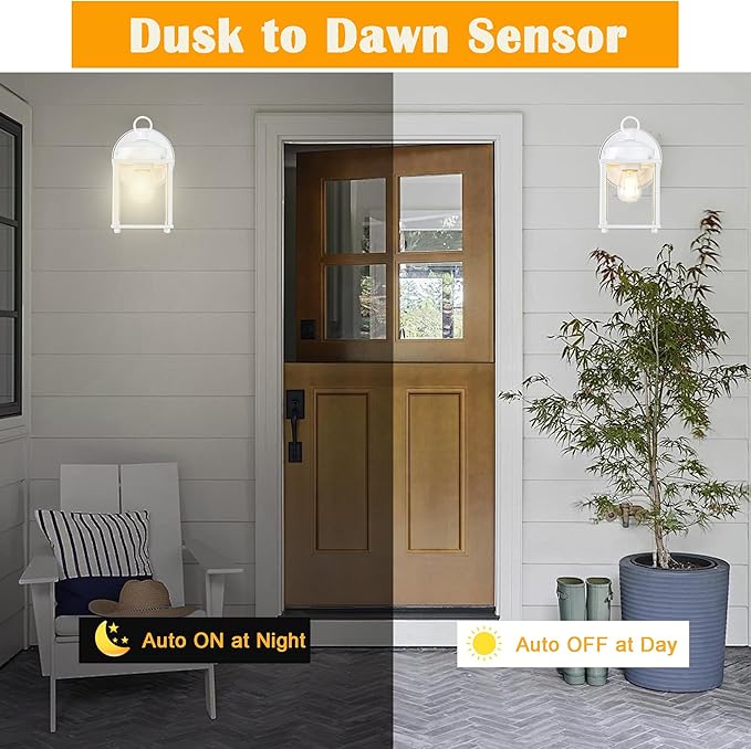 Dusk to Dawn Outdoor Wall Lantern, Modern Exterior Light Fixtures, Waterproof Front Door Wall Lighting with Clear Glass, White Outdoor Wall Lights for House, Garage, 4-Pack