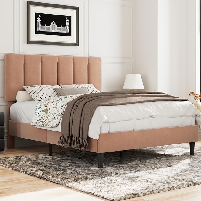 VECELO Full Size Bed Frame with Upholstered Headboard, Heavy-Duty Bedframe with Wooden Slats & Steel Framework, Easy Assembly, Coffee