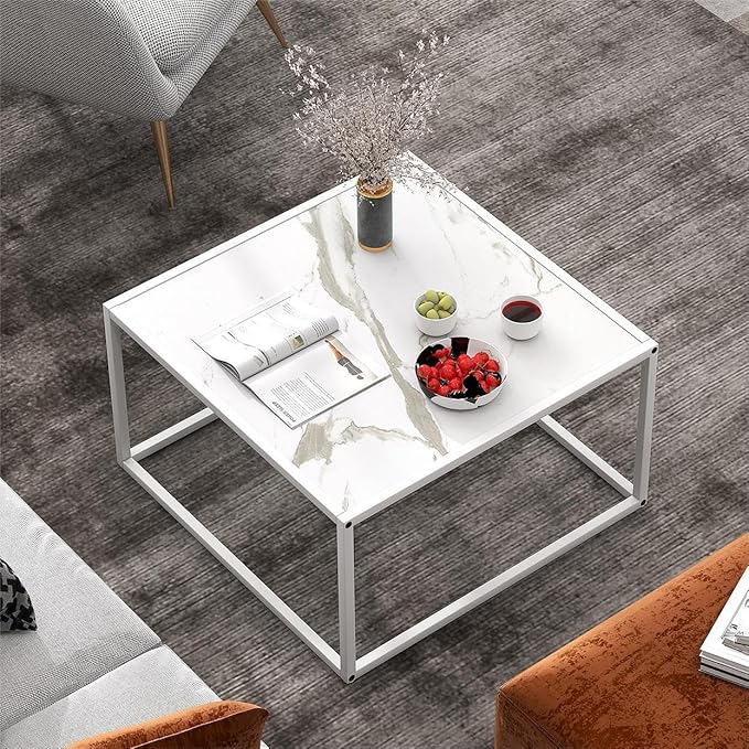 Giantex Square Coffee Table with Faux Marble Tabletop & Steel Frame, Center Cocktail Table, Accent Living Room Furniture, Low Bedside Table, Easy Assembly (White)