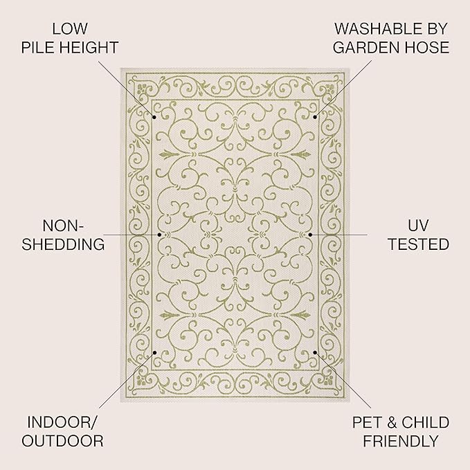 JONATHAN Y Vintage Filigree Indoor Outdoor Area Rug 4X6 Cream/Green, Charleston Textured Weave for Backyard, Patio, Porch, Easy-Cleaning, High Traffic, Pet-Friendly, Non-Shedding (SMB106I-4)