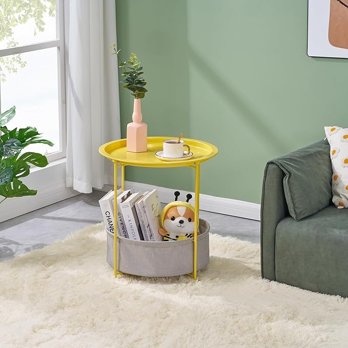 VECELO Round Side/End Table with Fabric Storage Basket，Metal Anti-Rust and Waterproof Small Bedside Nightstand with Removable Tray Top for Living Room，Balcony & Laundry，Yellow /1pcs with Basket