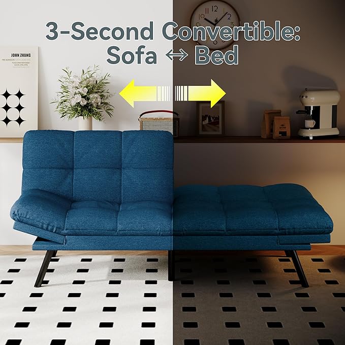 Futon Sofa Bed Convertible Couch, Blue Linen Sofa Bed with Memory Foam, Adjustable Backrest & Armrests, Multifunctional Small Loveseat Sleeper Sofa for Living Room, Apartment, Office