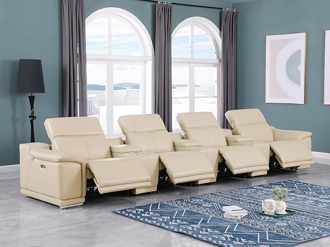 BlackJack Furniture Venice Top Grain Italian Leather Power Recline 7 Piece 4 Seater Sofa - 175" Theater Seating Modern Couch for Living Room Apartment with Adjustable Headrests & USB Port, Beige