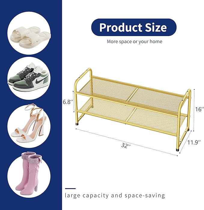 SUFAUY 2 Tier 33" Wide Shoe Rack Closet Metal Mesh, Stackable, Gold