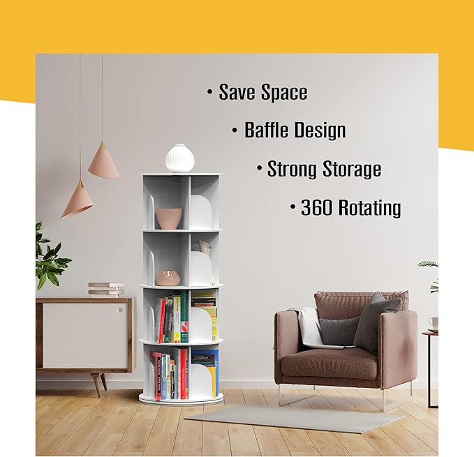 Houseables Rotating Bookshelf, Revolving Bookcase, Spinning Book Shelf, 4 Tier, White, Wood, 360 Degrees Bookshelves, Floor Stand, Rotation Display Tower, Stackable, Round, Turning, for Kids, Children