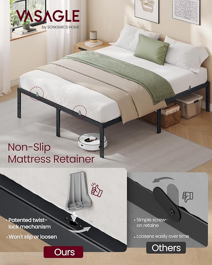 VASAGLE Queen Metal Bed Frame 16 Inches Tall, 1100 lb Weight Capacity, No Box Spring Needed, with Under-Bed Storage, Easy Setup, Heavy-Duty Platform Bed, Mattress Retainers, Matte Black URMB661BD02S