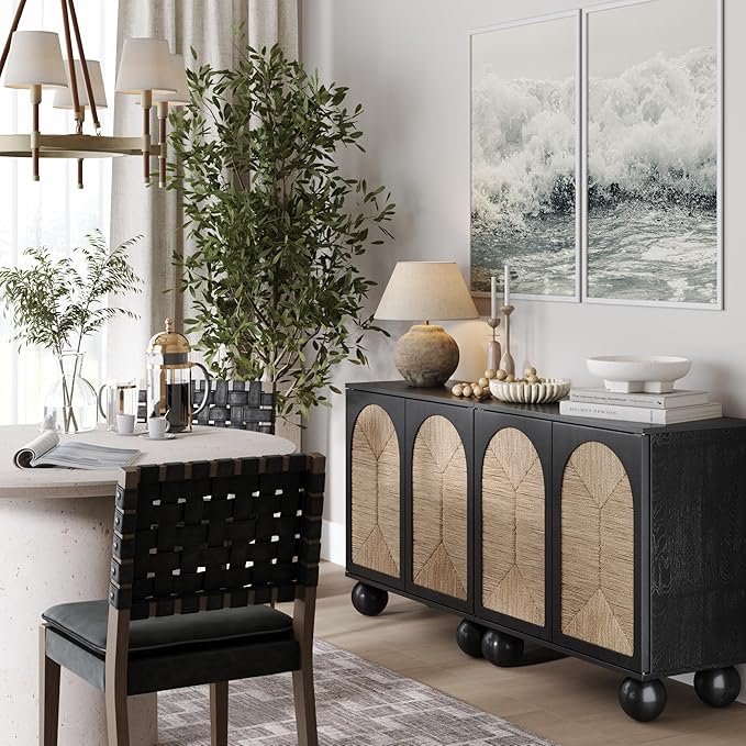Nathan James Leah Boho TV Stand or Sideboard Cabinet for Kitchen or Living Room with Ball-Style Feet, Natural Seagrass Door Fronts and Solid Wood Legs, Black Set of 2