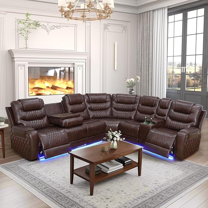 Breathing Leather Reclining Sectional Couch, 6 Seat L Shaped Sofa with 2 Power Recliner Seats, Reclining Sectional Sofa with LED Lighting/USB Port/Cup Holder/Storage (Dark Red)