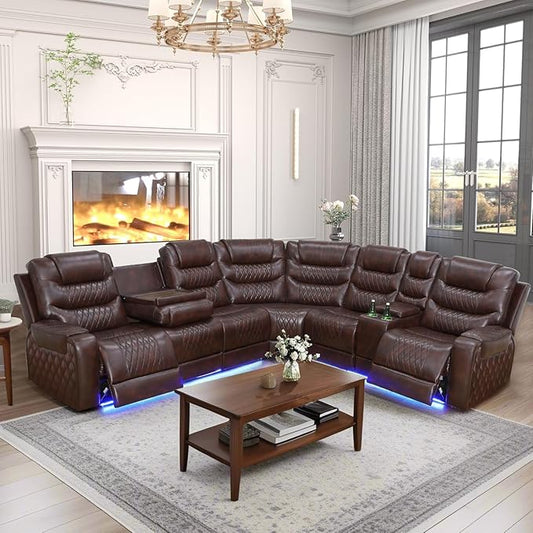 Breathing Leather Reclining Sectional Couch, 6 Seat L Shaped Sofa with 2 Power Recliner Seats, Reclining Sectional Sofa with LED Lighting/USB Port/Cup Holder/Storage (Dark Red)