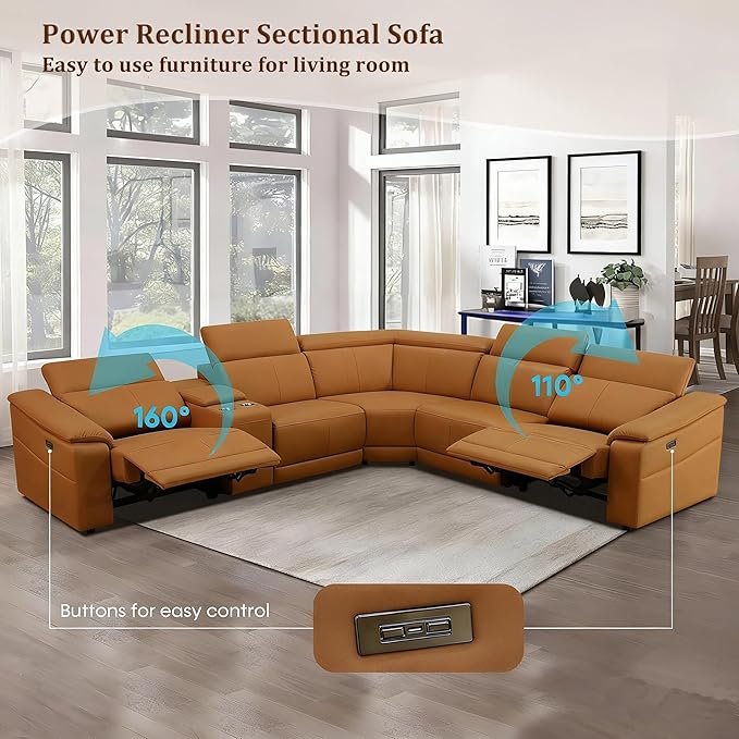 Power Recliner Sectional Sofa, L-Shaped Living Room Furniture Set, Light Brown Leather Sofa, Reclining Sectional Couch with Storage Console/Cup Holder for Living Room/House/Apt