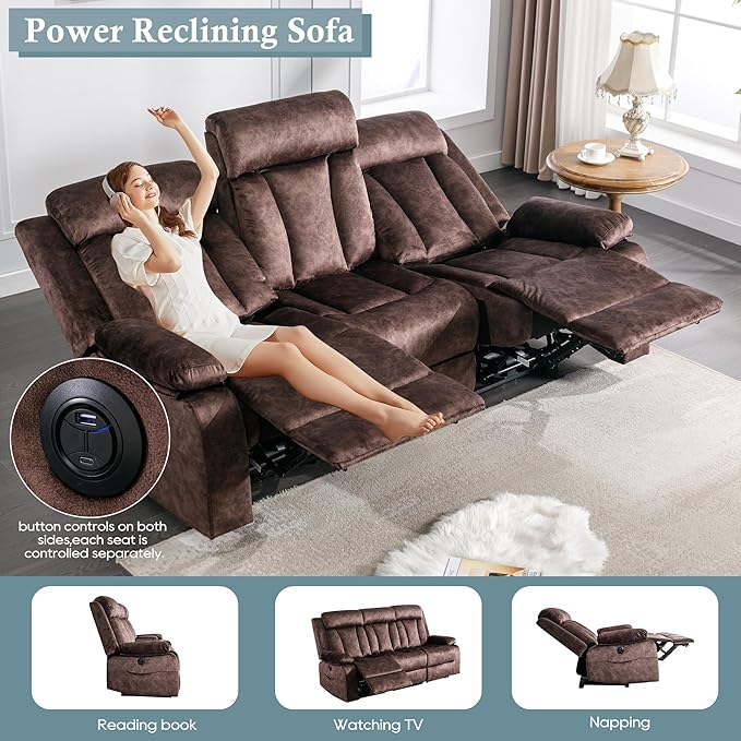 GUEAPY Power Reclining Sofa – 3 Seater Reclining Couch with Massage & Heat, Drop-Down Table, USB & Type-C Charging Ports, Cup Holders, Dutch Velvet,Power Sofa for RV，Media Room & Living Room