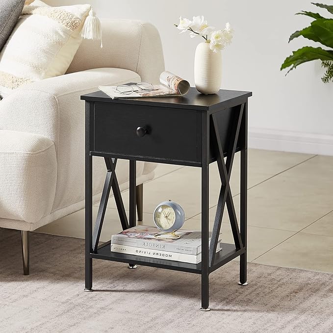 VECELO Nightstands Set of 2,End Tables with Storage Shelf&Fabric Drawer,Side Tables for Bedroom,Living Room,Small Spaces,Black