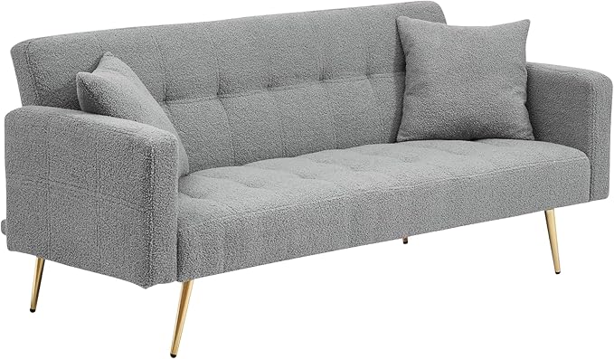 Eafurn Tufted Futon Sofa Bed, Teddy Futon Loveseat Couch Adjustable Recliner Sleeper Sofa Bed with Golden Metal Legs and 2 Pillows for Living Room, Apartment, Office,Small Love Seat | Golden Legs, Wood Frame