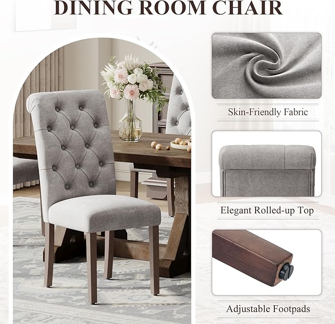 Upholstered Tufted Dining Room Chairs Set of 4, Parsons Kitchen Chairs with Padded Seat and Solid Wood Legs, Fabric Accent Side Diner Chair for Dining Room/Kitchen/Living Room, Light Grey