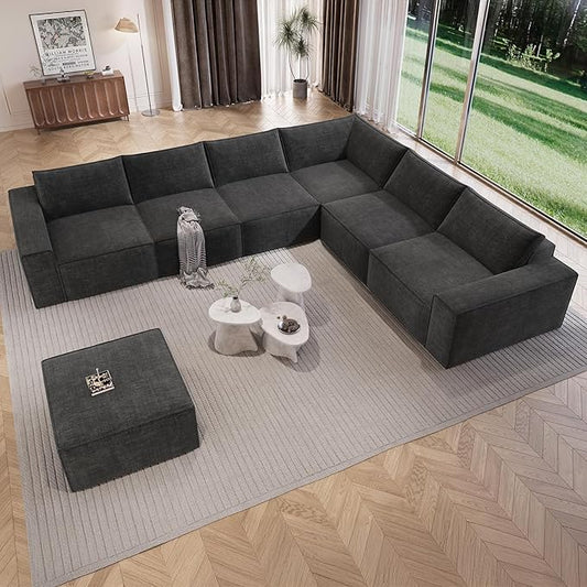 Vesgantti 143.7" Oversized Boneless Couch, Modern 7 Seater Modular Sectional Sofa with Deep Seat, Convertible Chenille Cloud Couches for Living Room, No Assembly Required, Dark Grey