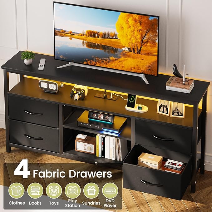 Haewon TV Stand for Televisions up to 65 Inches, Entertainment Center with LED Lights and Charging Station, TV Media Console Table with 4 Fabric Drawers and Open Shelf for Living Room, Black