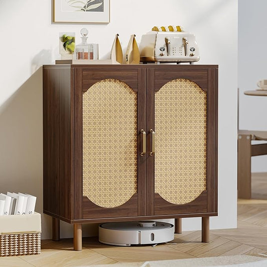 Buffet Cabinet with Storage, Imitation Rattan Arched Sideboard with Adjustable Shelves, Coffee Bar Cabinet for Kitchen, Living Room, Hallway, Entryway, Walnut