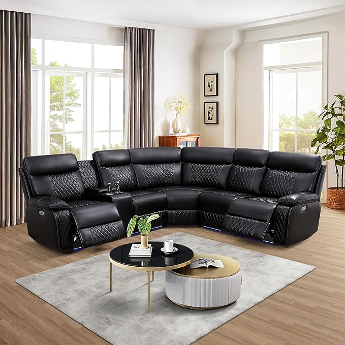 Power Reclining Sectional Sofa, 5 Seat Sectional Couch with Recliners, Breathing Leather Sectional with 2 Recliners,USB Charging Ports, Cup Holders, LED Light Strip, Living Room Furniture Set | Breathable material, LED Lighting