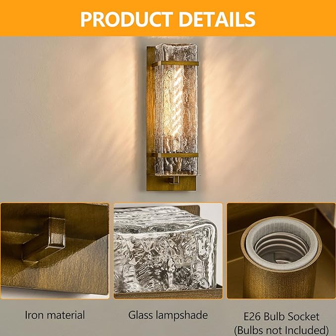 Outdoor Wall Light, Vintage Gold Exterior Waterproof Lanterns,H13.4in Porch Sconces Wall Mounted Lighting with E26 Sockets, for Garage,Doorway,Patio,Front Door