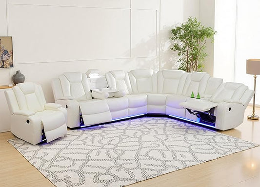 Breathing Leather Recliner Sectional Set, L Shaped Couch and Recliner Set with LED Light/Cup Holders/USB Port, Reclining Sectional Sofa 7 Seat Living Room Furniture (Cream White)