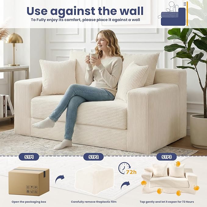 3-in-1 Convertible Sofa Bed: Boneless Loveseat Sleeper & Folding Couch Bed with 4 Pillows & Detachable Cushion for Bedroom, Small Space, Guest and Living Room, Corduroy Futon, No Assembly,Beige