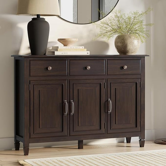 SIMPLIHOME Connaught 51-inch Wide Solid Wood Storage Cabinet in Chestnut Brown for The Entryway, Mudroom, 3 Drawers and Adjustable Shelves, Traditional Style, Space-Saving Design